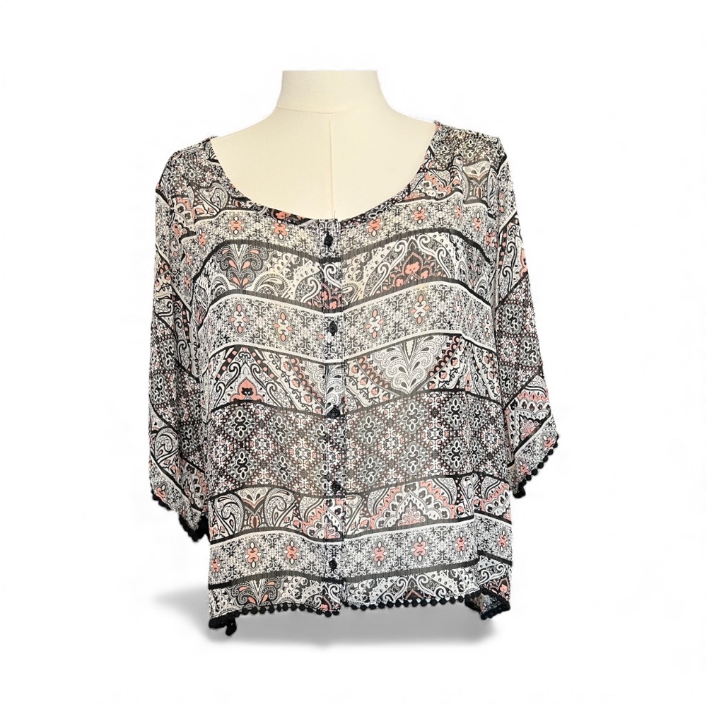 🖤💗 EUC MUDD Boho Black, Pink & White Hi-Low Button Front Top | Sz XL
